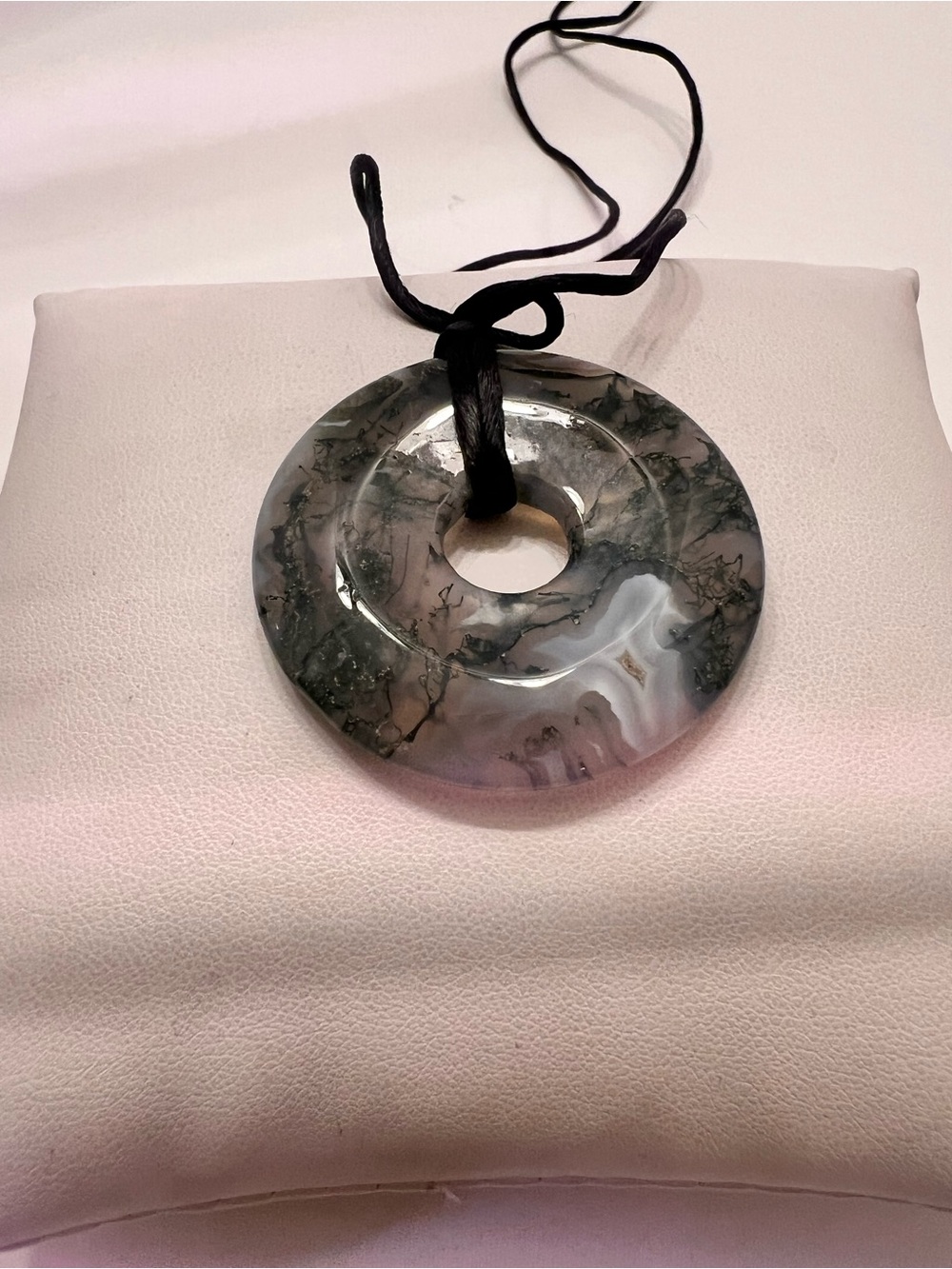 Moss Agate Donut Pendant Necklace in Gray and Green